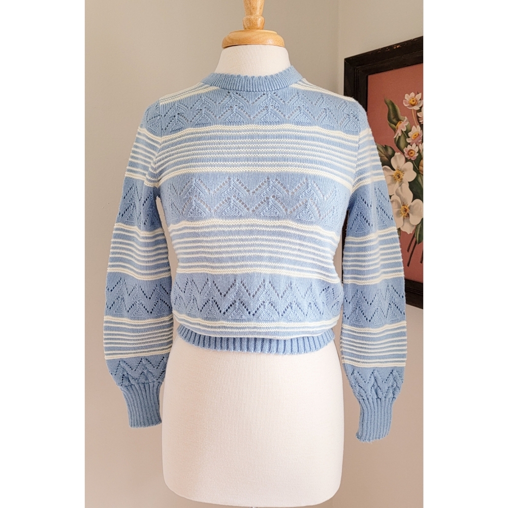 70s Pointelle Long Sleeve Cutwork 1970s Vintage Blue Striped Vintage Sweater - Picture 15 of 16
